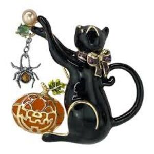 Napier  Black Cat brooch with Pumpkin and Spider Charm